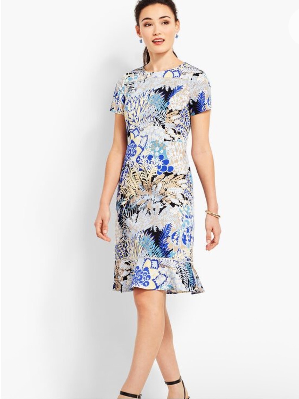 Talbots Botanical Garden Floral Blue & Cream Short-Sleeve Sheath Dress Size 16P